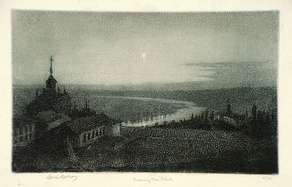 Artist: b'LINDSAY, Lionel' | Title: b'The Morning star, Toledo' | Date: 1938 | Technique: b'spririt-ground aquatint and burnishing, printed in blue ink, from one plate' | Copyright: b'Courtesy of the National Library of Australia' Artist: b'LINDSAY, Lionel' | Title: b'The Morning star, Toledo' | Date: 1938 | Technique: b'spririt-ground aquatint and burnishing, printed in blue ink, from one plate' | Copyright: b'Courtesy of the National Library of Australia'