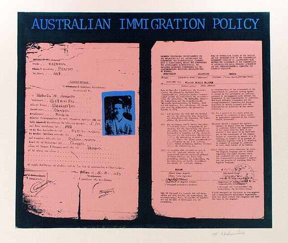 Artist: b'Aslanidis, Angelos.' | Title: b'Immigrant to Australia.' | Date: 1985 | Technique: b'screenprint, printed in colour, from multiple stencils' Artist: b'Aslanidis, Angelos.' | Title: b'Immigrant to Australia.' | Date: 1985 | Technique: b'screenprint, printed in colour, from multiple stencils'
