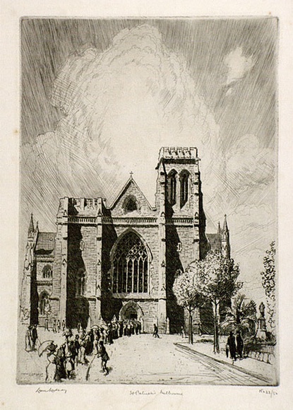 Artist: b'LINDSAY, Lionel' | Title: bSt Patrick's, Melbourne | Date: 1917 | Technique: b'etching and foul biting, printed in black ink, from one plate' | Copyright: b'Courtesy of the National Library of Australia' Artist: b'LINDSAY, Lionel' | Title: bSt Patrick's, Melbourne | Date: 1917 | Technique: b'etching and foul biting, printed in black ink, from one plate' | Copyright: b'Courtesy of the National Library of Australia'