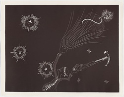 Artist: b'COLEING, Tony' | Title: b'Battlefield (man in blindfold with hammer).' | Date: 1986 | Technique: b'linocut, printed in black ink, from one block'