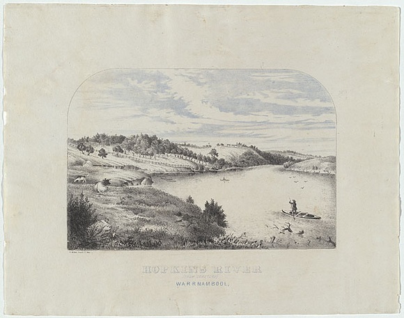 Artist: b'McAree, W.' | Title: b'Hopkins River (from cemetery), Warrnambool.' | Date: c.1860 | Technique: b'lithograph, printed in colour, from two stones' Artist: b'McAree, W.' | Title: b'Hopkins River (from cemetery), Warrnambool.' | Date: c.1860 | Technique: b'lithograph, printed in colour, from two stones'