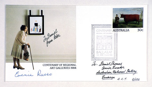Artist: b'TYNDALL, Peter' | Title: b'Centenary of regional art galleries envelope' | Date: 1984 | Technique: b'offset-lithograph, printed in colour,from multiple plates; rubber stamp; blind stamp; pen and ink' Artist: b'TYNDALL, Peter' | Title: b'Centenary of regional art galleries envelope' | Date: 1984 | Technique: b'offset-lithograph, printed in colour,from multiple plates; rubber stamp; blind stamp; pen and ink'