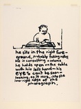 Artist: Heyes, Ken. | Title: he sits in the right foreground, probably taking notes. He is consulting a volume he holds open on the table with his left hand - his eyes can't be seen - looking, as it were, into the lower right edge of the photograph. | Date: 1984 | Technique: photocopy