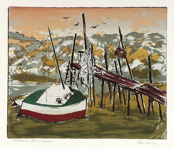 Artist: b'Sumner, Alan.' | Title: bFisherman's jetty: Tooradin | Date: 1946 | Technique: b'screenprint, printed in colour, from nine stencils' Artist: b'Sumner, Alan.' | Title: bFisherman's jetty: Tooradin | Date: 1946 | Technique: b'screenprint, printed in colour, from nine stencils'