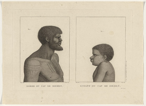 Title: b'Homme du Cap de Diemen; Enfant du Cap de Diemen' | Date: 1811 | Technique: b'engraving, printed in black ink, from one plate' Title: b'Homme du Cap de Diemen; Enfant du Cap de Diemen' | Date: 1811 | Technique: b'engraving, printed in black ink, from one plate'