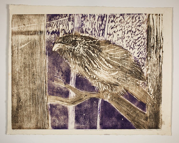 Artist: b'Haxton, Elaine' | Title: b'Frog mouthed owl' | Date: 1966 | Technique: b'woodcut, printed in colour, from multiple blocks' Artist: b'Haxton, Elaine' | Title: b'Frog mouthed owl' | Date: 1966 | Technique: b'woodcut, printed in colour, from multiple blocks'