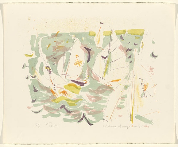 Artist: b'MACQUEEN, Mary' | Title: b'Sails' | Date: 1971 | Technique: b'lithograph, printed in colour, from multiple plates' | Copyright: b'Courtesy Paulette Calhoun, for the estate of Mary Macqueen' Artist: b'MACQUEEN, Mary' | Title: b'Sails' | Date: 1971 | Technique: b'lithograph, printed in colour, from multiple plates' | Copyright: b'Courtesy Paulette Calhoun, for the estate of Mary Macqueen'