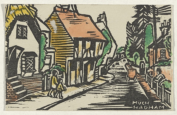 Artist: bO'Connell, Ella. | Title: b'Much Hadham: a postcard.' | Date: (1945) | Technique: b'linocut, rubber stamps, pen and ink, hand-coloured' Artist: bO'Connell, Ella. | Title: b'Much Hadham: a postcard.' | Date: (1945) | Technique: b'linocut, rubber stamps, pen and ink, hand-coloured'