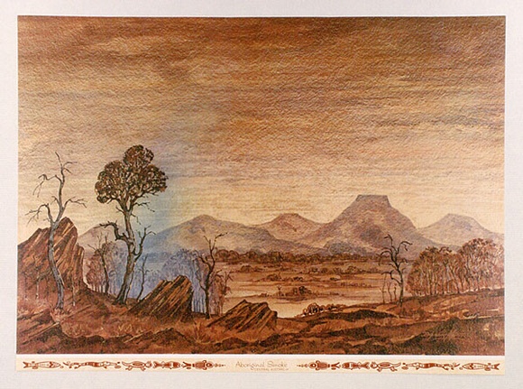 Artist: b'Mansell, Byram.' | Title: b'Aboriginal smoke, Central Australia' | Date: c.1946 | Technique: b'photographic lithograph, printed in colour, from process plates' Artist: b'Mansell, Byram.' | Title: b'Aboriginal smoke, Central Australia' | Date: c.1946 | Technique: b'photographic lithograph, printed in colour, from process plates'