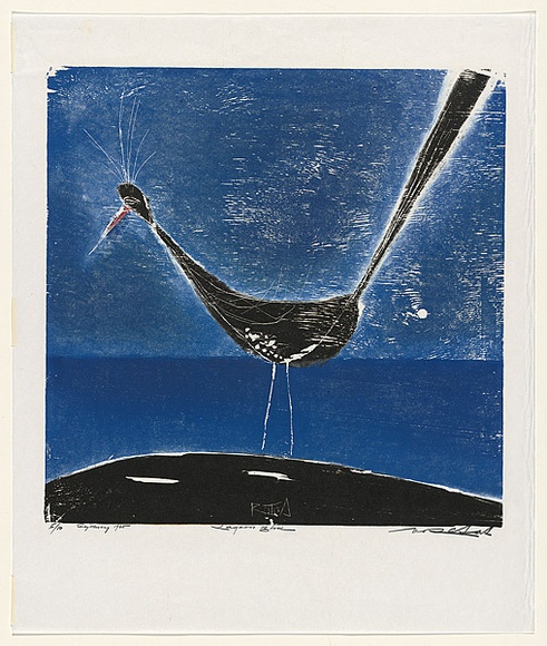 Artist: b'Ratas, Vaclovas.' | Title: b'Lagoon bird' | Date: 1965 | Technique: b'woodcut, printed in colour, from two blocks in blue and black inks' Artist: b'Ratas, Vaclovas.' | Title: b'Lagoon bird' | Date: 1965 | Technique: b'woodcut, printed in colour, from two blocks in blue and black inks'