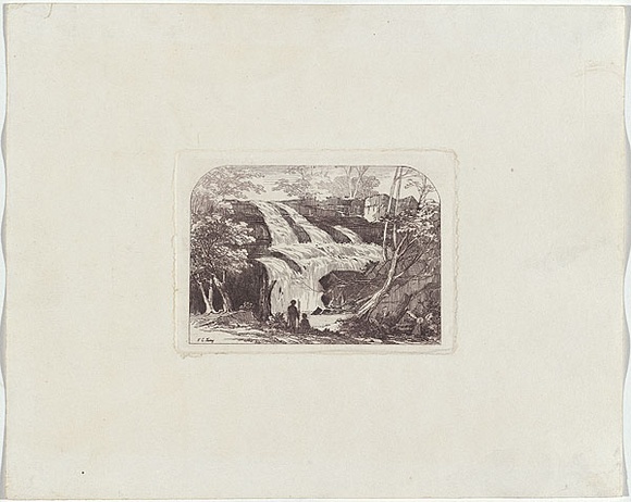 Artist: b'Terry, F.C.' | Title: b'(Waterfall with Aborigines in foreground).' | Date: c.1860 | Technique: b'etching, printed in purpleish black ink, from one plate' Artist: b'Terry, F.C.' | Title: b'(Waterfall with Aborigines in foreground).' | Date: c.1860 | Technique: b'etching, printed in purpleish black ink, from one plate'
