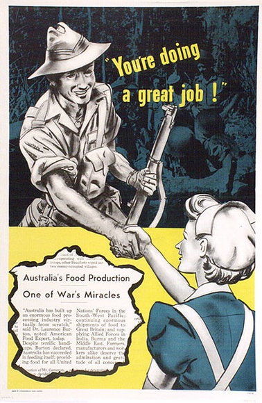 Artist: b'UNKNOWN' | Title: bYour doing a great job! Australia's food production. One of the War's miracles. | Date: c.1942 | Technique: b'photo-lithograph, printed in colour, from multiple plates' Artist: b'UNKNOWN' | Title: bYour doing a great job! Australia's food production. One of the War's miracles. | Date: c.1942 | Technique: b'photo-lithograph, printed in colour, from multiple plates'