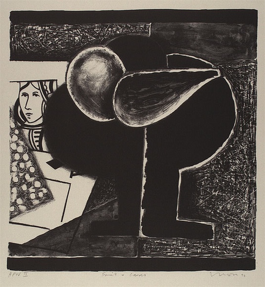 Artist: b'Lincoln, Kevin.' | Title: b'Fruit and cards' | Date: 1990 | Technique: b'lithograph, printed in black ink, from one stone' Artist: b'Lincoln, Kevin.' | Title: b'Fruit and cards' | Date: 1990 | Technique: b'lithograph, printed in black ink, from one stone'