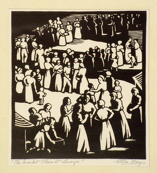 Artist: b'Fry, Ella.' | Title: b'The marketplace in Limoges.' | Date: 1942 | Technique: b'linocut, printed in black ink, from one block' Artist: b'Fry, Ella.' | Title: b'The marketplace in Limoges.' | Date: 1942 | Technique: b'linocut, printed in black ink, from one block'