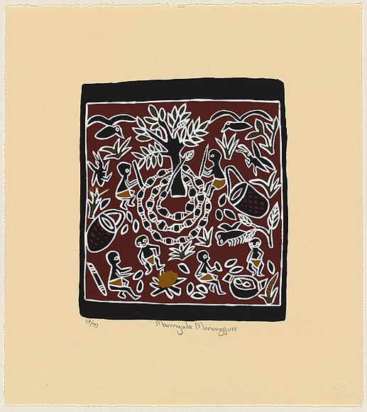 Artist: b'MUNUNGGURR, Marrnyula 2' | Title: b'not titled' | Date: 1997 | Technique: b'screenprint, printed in colour, from five stencils' Artist: b'MUNUNGGURR, Marrnyula 2' | Title: b'not titled' | Date: 1997 | Technique: b'screenprint, printed in colour, from five stencils'