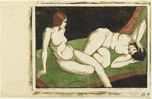 Artist: b'Spowers, Ethel.' | Title: b'Resting models' | Date: 1933-34 | Technique: b'linocut, printed in colour inks, from four blocks (green, reddish brown, black, beige)' Artist: b'Spowers, Ethel.' | Title: b'Resting models' | Date: 1933-34 | Technique: b'linocut, printed in colour inks, from four blocks (green, reddish brown, black, beige)'