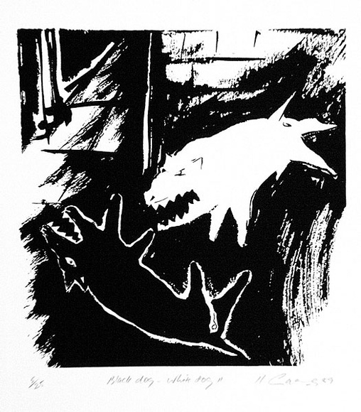 Artist: b'Casey, Karen.' | Title: b'Black dog - white dog II' | Date: 1989 | Technique: b'screenprint, printed in black ink, from one screen' Artist: b'Casey, Karen.' | Title: b'Black dog - white dog II' | Date: 1989 | Technique: b'screenprint, printed in black ink, from one screen'