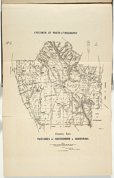 Title: b'Parishes of Ravenswood and Mandurang.' | Date: 1860 | Technique: b'photo-lithograph, printed in black ink, from one stone' Title: b'Parishes of Ravenswood and Mandurang.' | Date: 1860 | Technique: b'photo-lithograph, printed in black ink, from one stone'