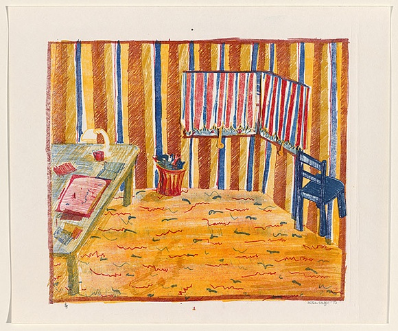 Artist: b'Eager, Helen.' | Title: b'(Studio with striped blinds).' | Date: 1975 | Technique: b'lithograph, printed in colour, from multiple plates; collage' Artist: b'Eager, Helen.' | Title: b'(Studio with striped blinds).' | Date: 1975 | Technique: b'lithograph, printed in colour, from multiple plates; collage'