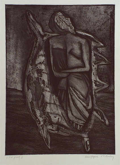 Artist: b'Bodey, Elisabeth.' | Title: b'Venus figure' | Date: 1986, November | Technique: b'sugarlift etching, printed in blue/black ink, from one plate' Artist: b'Bodey, Elisabeth.' | Title: b'Venus figure' | Date: 1986, November | Technique: b'sugarlift etching, printed in blue/black ink, from one plate'