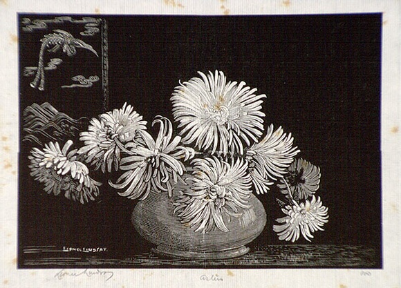 Artist: b'LINDSAY, Lionel' | Title: b'Asters' | Date: c.1936 | Technique: b'wood-engraving, printed in black ink, from one block' | Copyright: b'Courtesy of the National Library of Australia' Artist: b'LINDSAY, Lionel' | Title: b'Asters' | Date: c.1936 | Technique: b'wood-engraving, printed in black ink, from one block' | Copyright: b'Courtesy of the National Library of Australia'