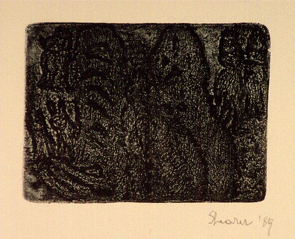Artist: b'Shearer, Mitzi.' | Title: b'not titled' | Date: 1989 | Technique: b'etching, printed in brown/black ink, from one plate' Artist: b'Shearer, Mitzi.' | Title: b'not titled' | Date: 1989 | Technique: b'etching, printed in brown/black ink, from one plate'