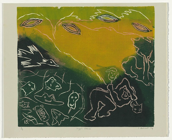 Artist: b'Simmul, Ilme.' | Title: b'Magpie attack' | Date: 1989 | Technique: b'blockprint, printed in colour, from hardboard (masonite) blocks' Artist: b'Simmul, Ilme.' | Title: b'Magpie attack' | Date: 1989 | Technique: b'blockprint, printed in colour, from hardboard (masonite) blocks'