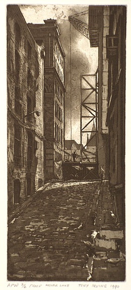 Artist: b'Irving, Tony.' | Title: b'Hosier Lane' | Date: 1990 | Technique: b'etching and aquatint, printed in brown ink, from one plate' Artist: b'Irving, Tony.' | Title: b'Hosier Lane' | Date: 1990 | Technique: b'etching and aquatint, printed in brown ink, from one plate'