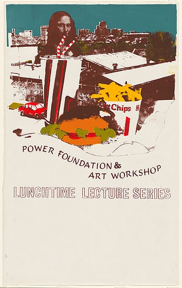 Artist: b'UNKNOWN' | Title: b'Power Foundation and Art Workshop: lunchtime lecture series.' | Date: 1980 | Technique: b'screenprint, printed in colour, from four stencils' Artist: b'UNKNOWN' | Title: b'Power Foundation and Art Workshop: lunchtime lecture series.' | Date: 1980 | Technique: b'screenprint, printed in colour, from four stencils'