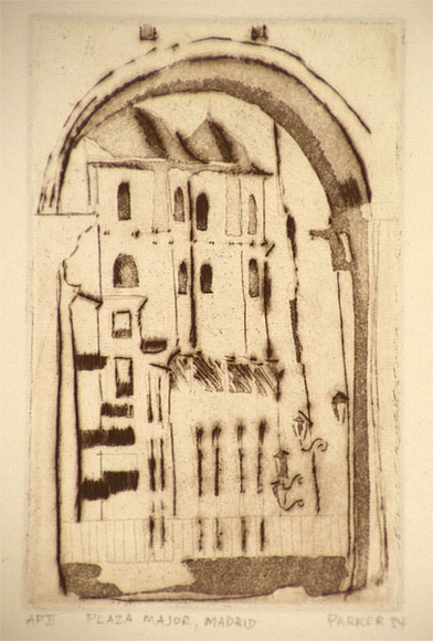 Artist: b'Parker, Margaret' | Title: b'Plaza Major, Madrid' | Date: c.1984 | Technique: b'etching, printed in brown ink, from one plate' Artist: b'Parker, Margaret' | Title: b'Plaza Major, Madrid' | Date: c.1984 | Technique: b'etching, printed in brown ink, from one plate'