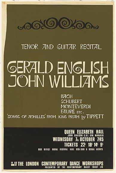 Title: b'Tenor and guitar recital: Gerald England and John Williams...Queen Elizabeth Hall.' | Date: c.1967 | Technique: b'screenprint, printed in colour, from two stencils' Title: b'Tenor and guitar recital: Gerald England and John Williams...Queen Elizabeth Hall.' | Date: c.1967 | Technique: b'screenprint, printed in colour, from two stencils'
