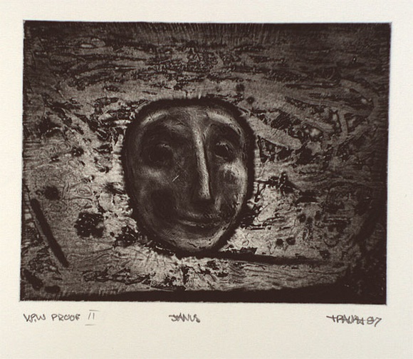 Artist: b'Ralph, Timothy' | Title: b'Janus' | Date: 1987 | Technique: b'etching and aquatint, printed in black ink, from one plate' | Copyright: b'\xc2\xa9 Timothy Ralph. Licensed by VISCOPY, Australia' Artist: b'Ralph, Timothy' | Title: b'Janus' | Date: 1987 | Technique: b'etching and aquatint, printed in black ink, from one plate' | Copyright: b'\xc2\xa9 Timothy Ralph. Licensed by VISCOPY, Australia'