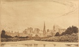 Artist: Shirlow, John. | Title: Melbourne from the east. | Date: 1918 (dated) | Technique: etching and foul bite, printed in light brown ink with plate-tone, from one copper plate