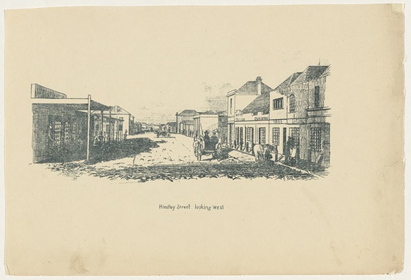 Title: b'Hindley Street looking west' | Date: c.1880s | Technique: b'transfer-lithograph, printed in dark green, from one stone [or plate]'