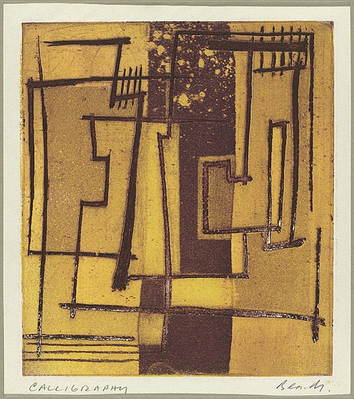 Artist: b'MADDOCK, Bea' | Title: b'Calligraphy' | Date: 1959 | Technique: b'etching, aquatint, deep etch and colour relief' Artist: b'MADDOCK, Bea' | Title: b'Calligraphy' | Date: 1959 | Technique: b'etching, aquatint, deep etch and colour relief'