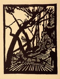 Artist: Stephen, Clive. | Title: (Woodcutter in forest) | Date: c.1948 | Technique: linocut, printed in black ink, from one block