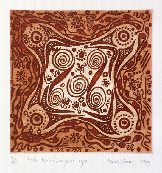 Artist: b'Williams, Vera Mbitjana.' | Title: b'Malu kuru, kangaroo eyes' | Date: 1993 | Technique: b'etching and aquatint, printed in colour, from one zinc plate' Artist: b'Williams, Vera Mbitjana.' | Title: b'Malu kuru, kangaroo eyes' | Date: 1993 | Technique: b'etching and aquatint, printed in colour, from one zinc plate'