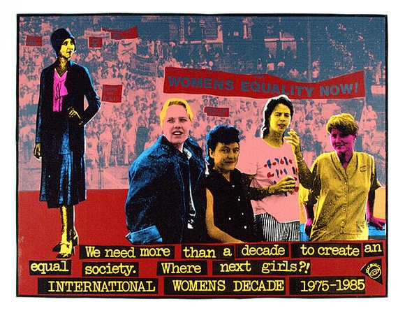 Artist: b'Fabyc, Deej.' | Title: b'International womens decade 1975-1985.' | Date: 1985 | Technique: b'screenprint, printed in colour, from multiple stencils' Artist: b'Fabyc, Deej.' | Title: b'International womens decade 1975-1985.' | Date: 1985 | Technique: b'screenprint, printed in colour, from multiple stencils'