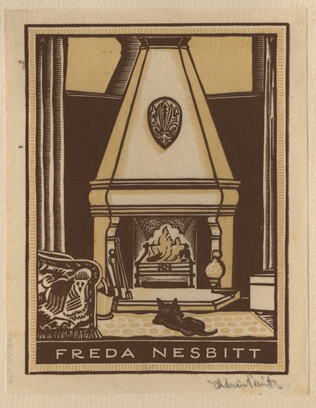 Artist: b'FEINT, Adrian' | Title: b'Bookplate: Freda Nesbitt.' | Date: (1934) | Technique: b'wood-engraving, printed in colour, from two blocks in brown and cream inks' | Copyright: b'Courtesy the Estate of Adrian Feint' Artist: b'FEINT, Adrian' | Title: b'Bookplate: Freda Nesbitt.' | Date: (1934) | Technique: b'wood-engraving, printed in colour, from two blocks in brown and cream inks' | Copyright: b'Courtesy the Estate of Adrian Feint'