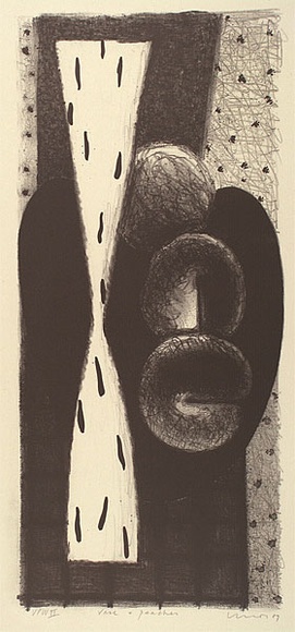Artist: b'Lincoln, Kevin.' | Title: b'Vase and peaches' | Date: 1989 | Technique: b'lithograph, printed in black ink, from one stone' Artist: b'Lincoln, Kevin.' | Title: b'Vase and peaches' | Date: 1989 | Technique: b'lithograph, printed in black ink, from one stone'