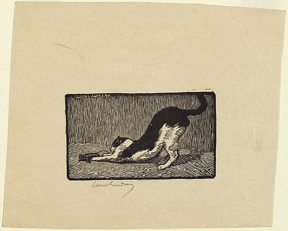 Artist: b'LINDSAY, Lionel' | Title: b'The cat' | Date: 1922 | Technique: b'wood-engraving, printed in black ink, from one block' | Copyright: b'Courtesy of the National Library of Australia' Artist: b'LINDSAY, Lionel' | Title: b'The cat' | Date: 1922 | Technique: b'wood-engraving, printed in black ink, from one block' | Copyright: b'Courtesy of the National Library of Australia'