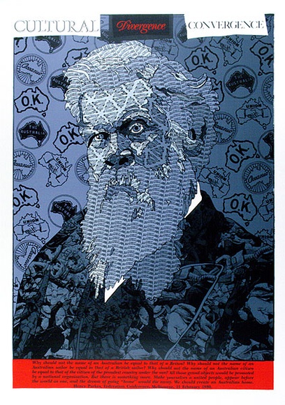 Artist: b'ARNOLD, Raymond' | Title: b'Cultural divergence convergence. Henry Parkes.' | Date: 1988 | Technique: b'screenprint, printed in colour, from seven stencils' Artist: b'ARNOLD, Raymond' | Title: b'Cultural divergence convergence. Henry Parkes.' | Date: 1988 | Technique: b'screenprint, printed in colour, from seven stencils'