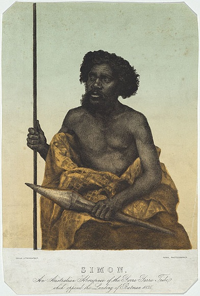 Title: b'Simon: An Australian Aboriginee of the Yarra Yarra tribe which opposed the landing of Batman 1835.' | Date: 1857 | Technique: b'lithograph, printed in colour, from multiple stones' Title: b'Simon: An Australian Aboriginee of the Yarra Yarra tribe which opposed the landing of Batman 1835.' | Date: 1857 | Technique: b'lithograph, printed in colour, from multiple stones'