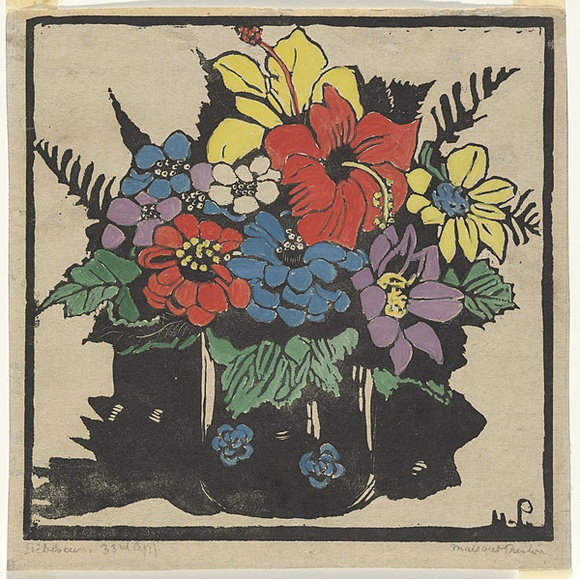 Artist: b'PRESTON, Margaret' | Title: b'Hibiscus' | Date: 1925 | Technique: b'woodcut, printed in black ink, from one block; hand-coloured' | Copyright: b'\xc2\xa9 Margaret Preston. Licensed by VISCOPY, Australia' Artist: b'PRESTON, Margaret' | Title: b'Hibiscus' | Date: 1925 | Technique: b'woodcut, printed in black ink, from one block; hand-coloured' | Copyright: b'\xc2\xa9 Margaret Preston. Licensed by VISCOPY, Australia'