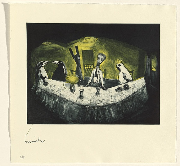 Artist: b'Shead, Garry.' | Title: b'Supper' | Date: 1994-95 | Technique: b'etching, aquatint and sugarlift printed in blue-black and yellow inks, from two plates' | Copyright: b'\xc2\xa9 Garry Shead' Artist: b'Shead, Garry.' | Title: b'Supper' | Date: 1994-95 | Technique: b'etching, aquatint and sugarlift printed in blue-black and yellow inks, from two plates' | Copyright: b'\xc2\xa9 Garry Shead'