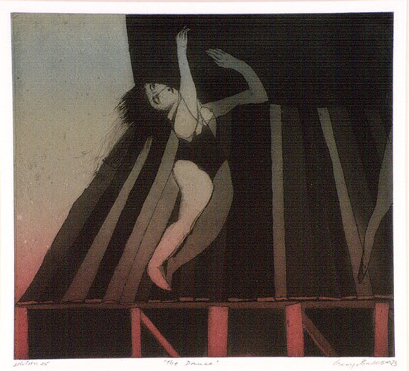 Artist: b'BALDESSIN, George' | Title: b'The dance.' | Date: 1973 | Technique: b'etching and aquatint, printed in brown ink, from one shaped plate over gradated colour roll.' Artist: b'BALDESSIN, George' | Title: b'The dance.' | Date: 1973 | Technique: b'etching and aquatint, printed in brown ink, from one shaped plate over gradated colour roll.'