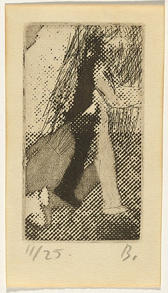 Title: b'Ockerby Christmas card with walking figure' | Date: 1973 | Technique: b'photo-etching, line etching and burnishing-out, printed in black ink, from one zinc plate' Title: b'Ockerby Christmas card with walking figure' | Date: 1973 | Technique: b'photo-etching, line etching and burnishing-out, printed in black ink, from one zinc plate'