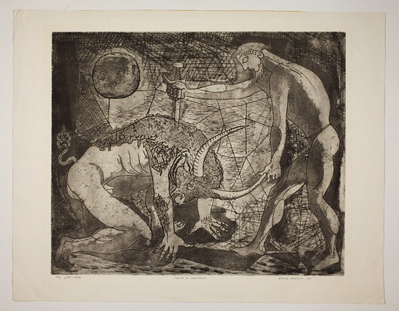 Artist: b'Haxton, Elaine' | Title: b'Death of minotaur' | Date: 1967 | Technique: b'open-bite etching and aquatint, printed in black ink, from ine plate' Artist: b'Haxton, Elaine' | Title: b'Death of minotaur' | Date: 1967 | Technique: b'open-bite etching and aquatint, printed in black ink, from ine plate'