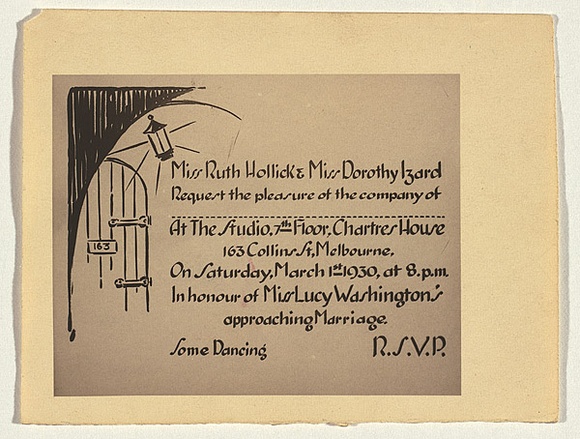 Artist: b'Hollick, Ruth.' | Title: b'Miss Ruth Hollick & Miss Dorothy Izard request the pleasure...' | Date: c.1930 | Technique: b'photograph' Artist: b'Hollick, Ruth.' | Title: b'Miss Ruth Hollick & Miss Dorothy Izard request the pleasure...' | Date: c.1930 | Technique: b'photograph'