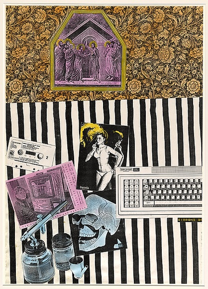 Title: b'Homage to Duccio 14: Incredulity of Thomas' | Date: c.1989 | Technique: b'photocopy, printed in black ink, from collaged artwork; hand-coloured in aerosol paint' Title: b'Homage to Duccio 14: Incredulity of Thomas' | Date: c.1989 | Technique: b'photocopy, printed in black ink, from collaged artwork; hand-coloured in aerosol paint'